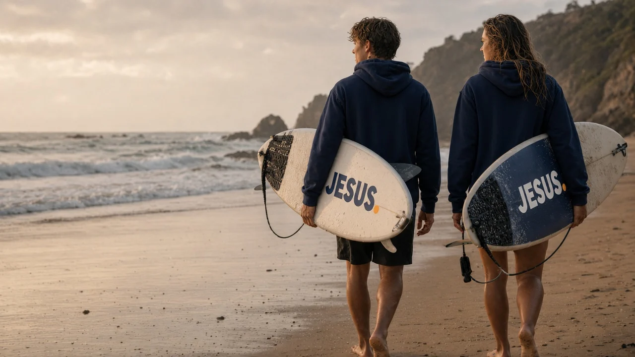 A man and a woman in Jesus Period hoodies walking toward the ocean, each carrying a surfboard with the JESUS. logo